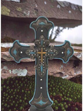 South Western style cross resin shelf sitter, black, brown and turquoise with fa